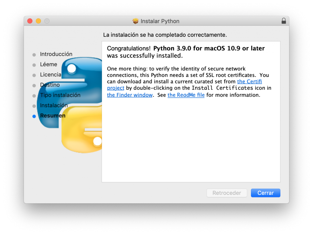 Terminada instalación Python MacOS X