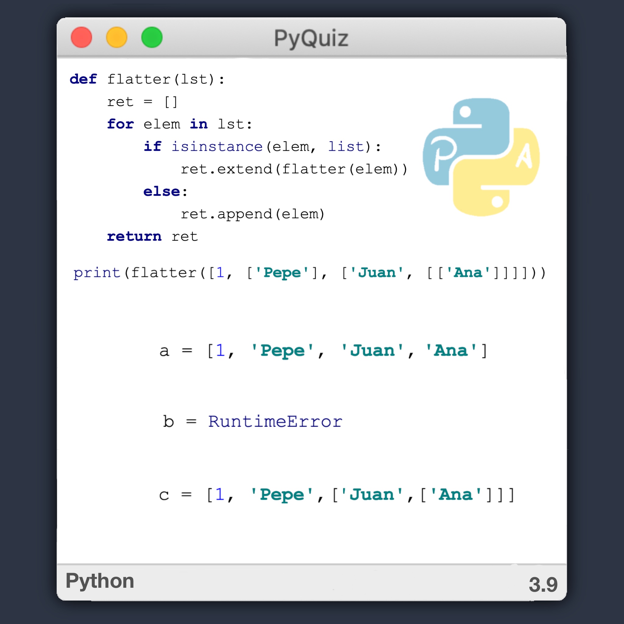 pyquiz 7 - aplanar listas anidadas en Python