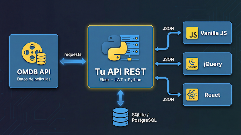 Arquitectura del proyecto MovieTracker - API Python con Flask, base de datos, OMDB y frontends