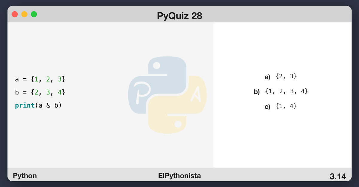 PyQuiz 28 - Intersección de sets en Python | Quiz interactivo